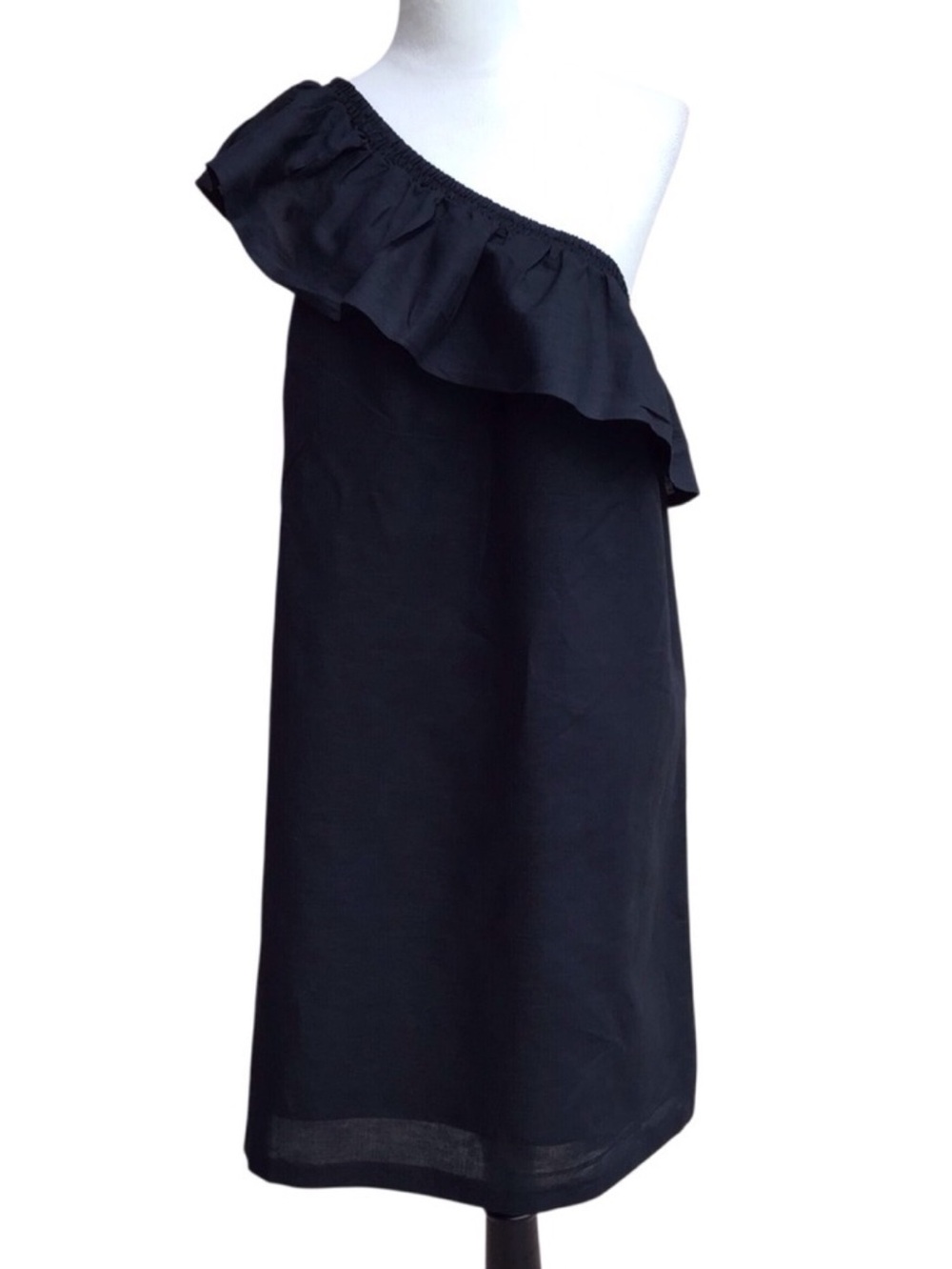 J Crew Black One Shoulder Ruffle Linen Blend Dress NWT